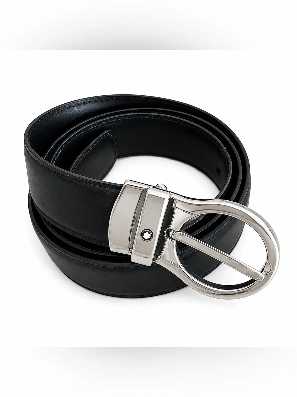 Montblanc Men’s Black Leather Belt Size 36 Silver Buckle